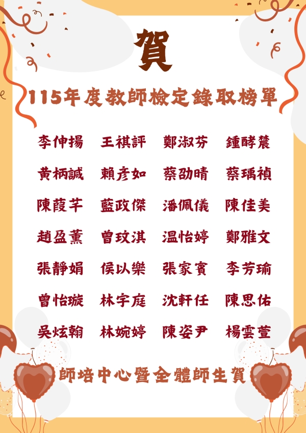 賀!! 本校師資培育中心115年度教師資格檢定考試通過名單